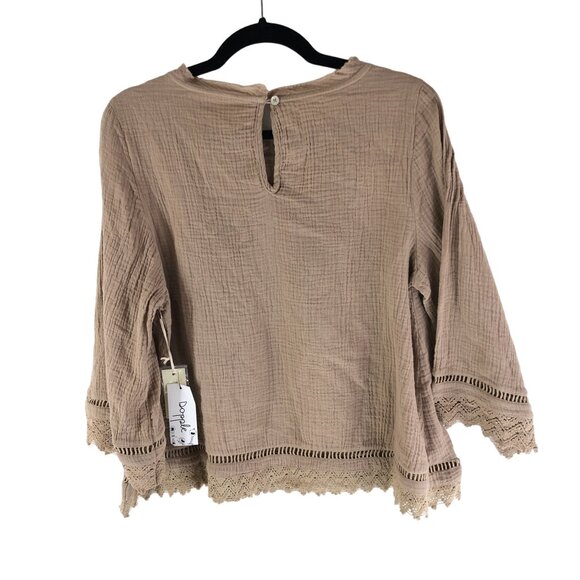 Rylee + Cru Womens Kalo Blouse Top Crinkled Crochet Trim Sand Brown S - Picture 2 of 4